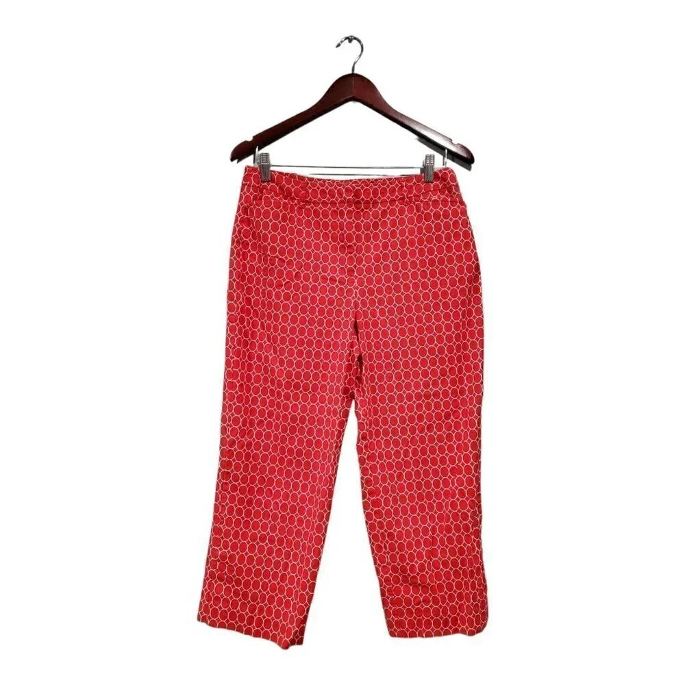 Talbots Women Cropped Red White Circle Pants Pockets Capri Slit Ankle Stretch 8